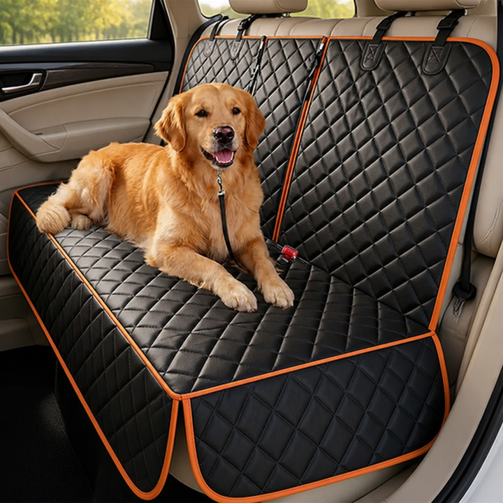 Housse matelassée noire à liseré orange installée sur la banquette arrière, avec un golden retriever couché sur l'assise. 1