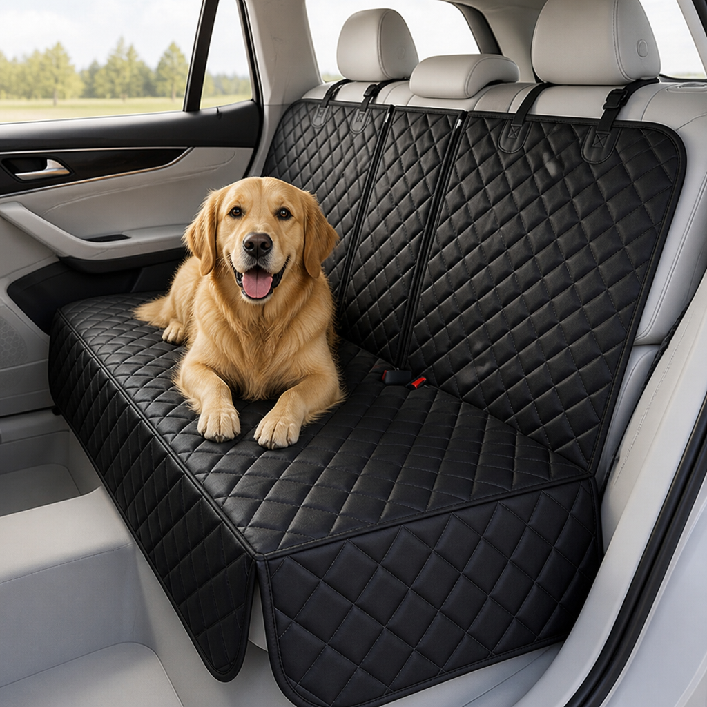 Housse entièrement noire posée sur la banquette arrière d'une voiture aux sièges clairs, avec un golden retriever allongé et souriant. 7