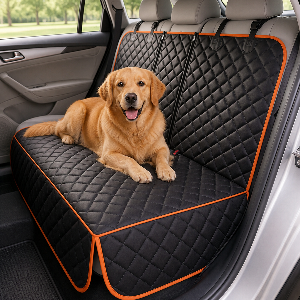 Housse noire à liseré orange sur la banquette arrière d'un véhicule, avec un golden retriever couché, vue depuis la portière. 8
