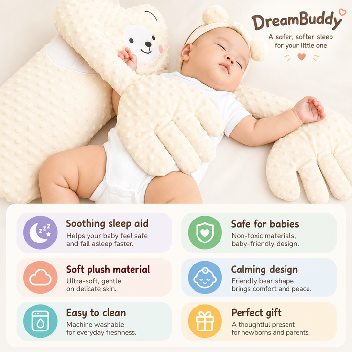 Bébé endormi sur le dos, serré par les grands bras d'une peluche ourson crème, avec une présentation illustrée de ses avantages en anglais. 3