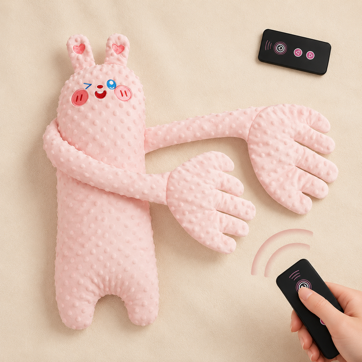 Peluche lapin rose à tissu bulle posée à plat, bras tendus, avec deux télécommandes noires, l'une tenue par une main. 4