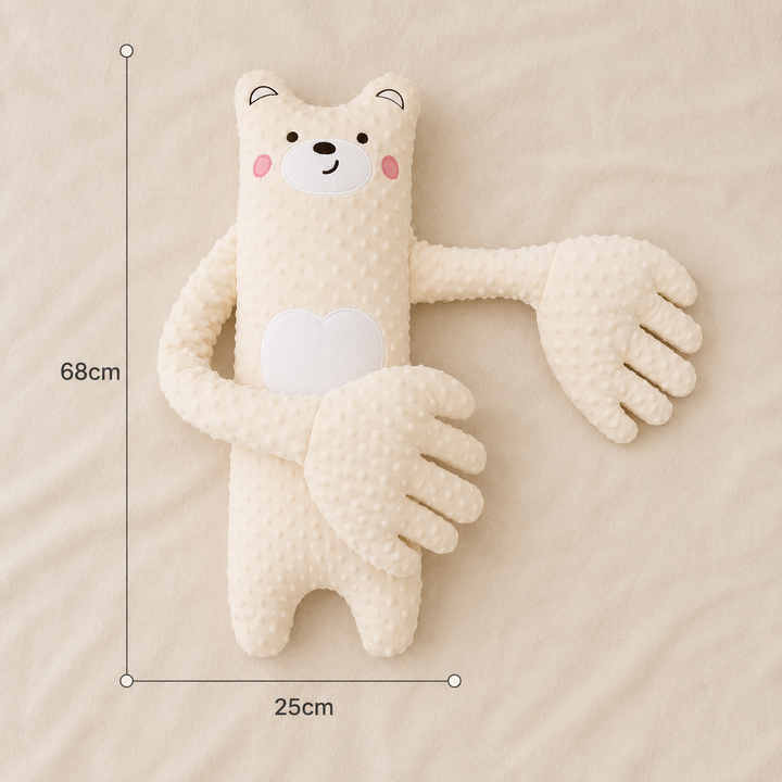 Peluche ourson crème posée à plat vue de face, bras écartés, avec cotes indiquées de 68 cm de hauteur et 25 cm de largeur. 6