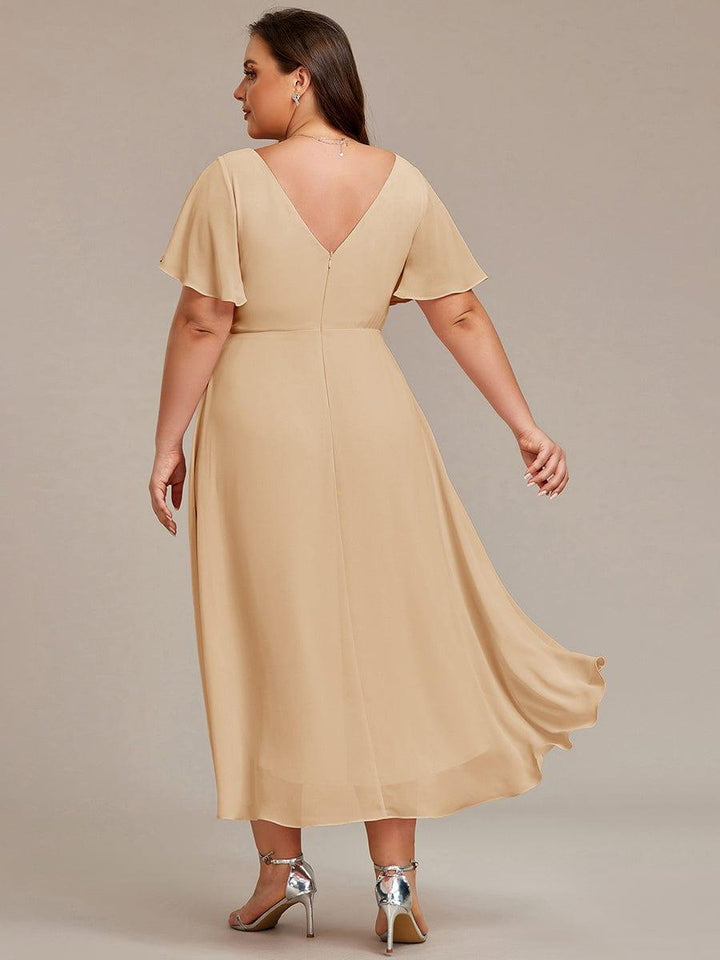 Robe de invitée de mariage en mousseline avec col en V et manches courtes 154