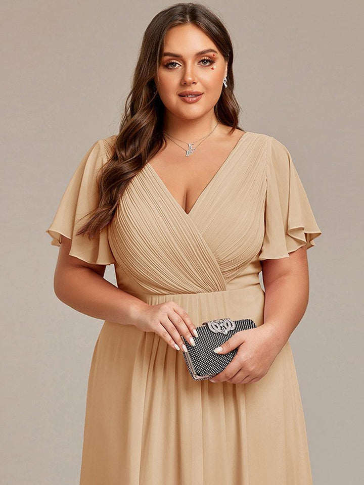 Robe de invitée de mariage en mousseline avec col en V et manches courtes 155