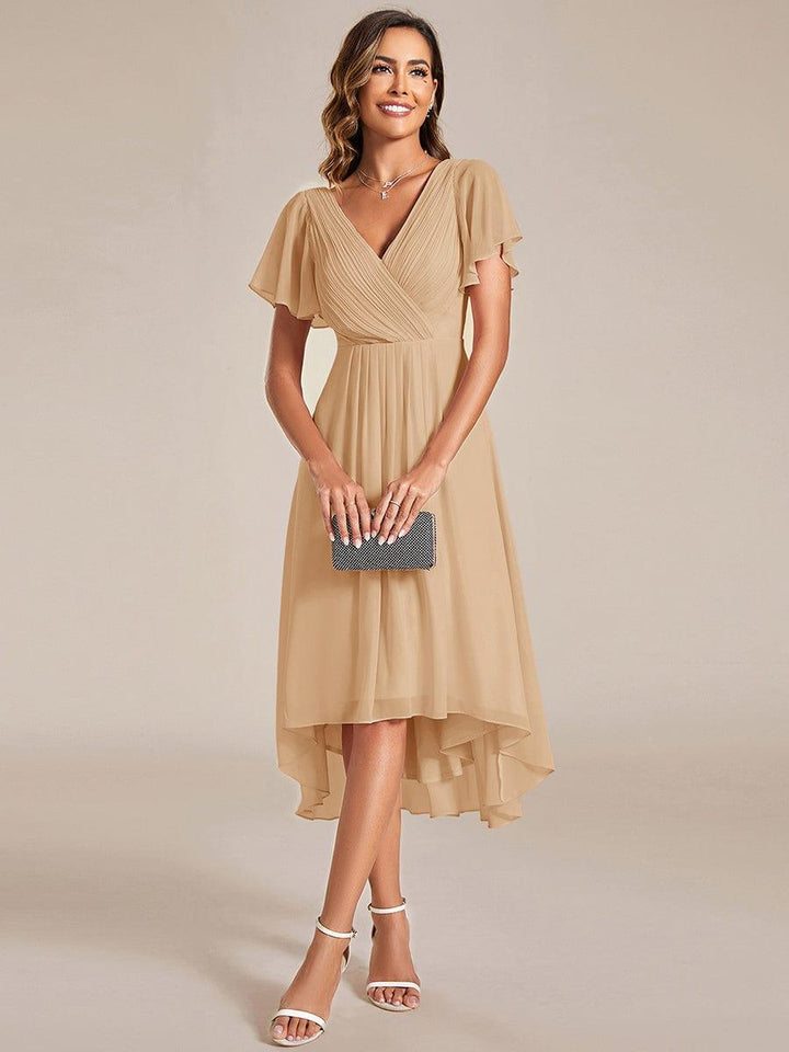 Robe de invitée de mariage en mousseline avec col en V et manches courtes 150