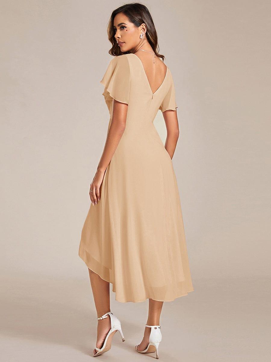 Robe de invitée de mariage en mousseline avec col en V et manches courtes 151