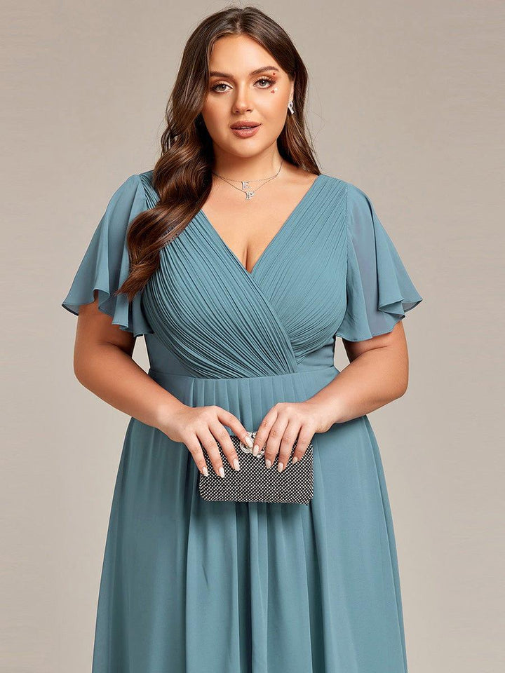 Robe de invitée de mariage en mousseline avec col en V et manches courtes 115