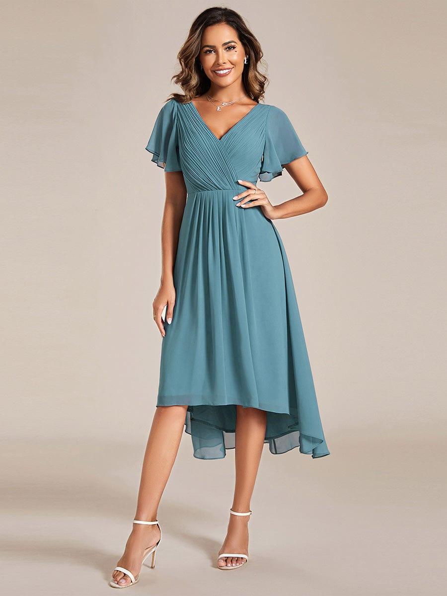 Robe de invitée de mariage en mousseline avec col en V et manches courtes 108