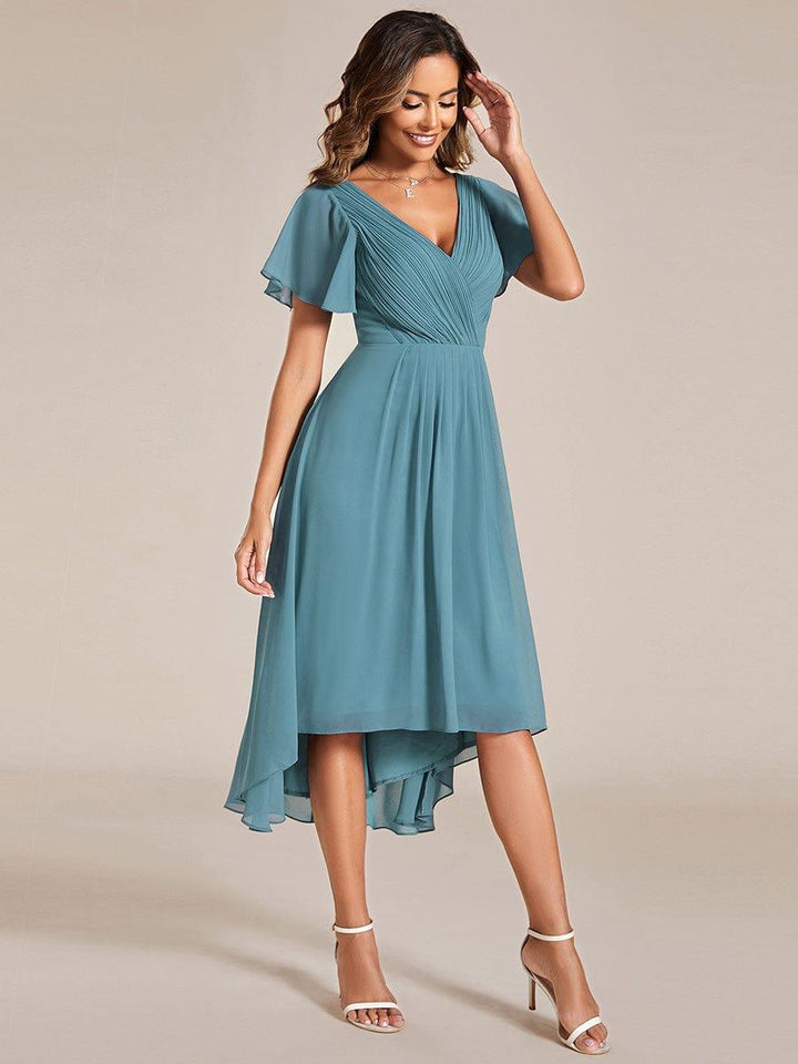 Robe de invitée de mariage en mousseline avec col en V et manches courtes 112