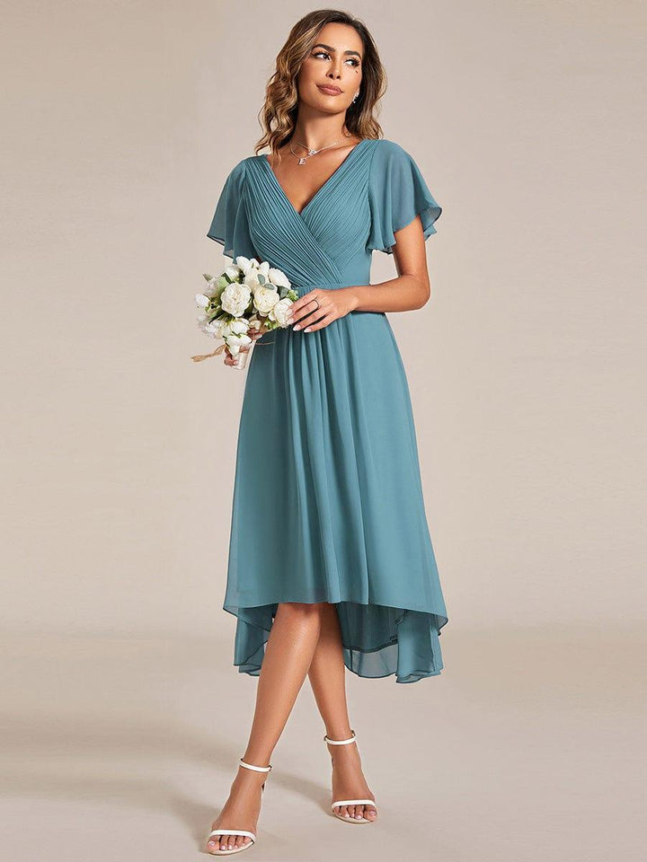 Robe de invitée de mariage en mousseline avec col en V et manches courtes 110