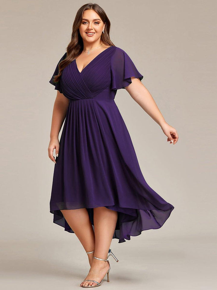 Robe de invitée de mariage en mousseline avec col en V et manches courtes 121