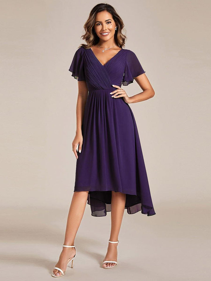 Robe de invitée de mariage en mousseline avec col en V et manches courtes 120