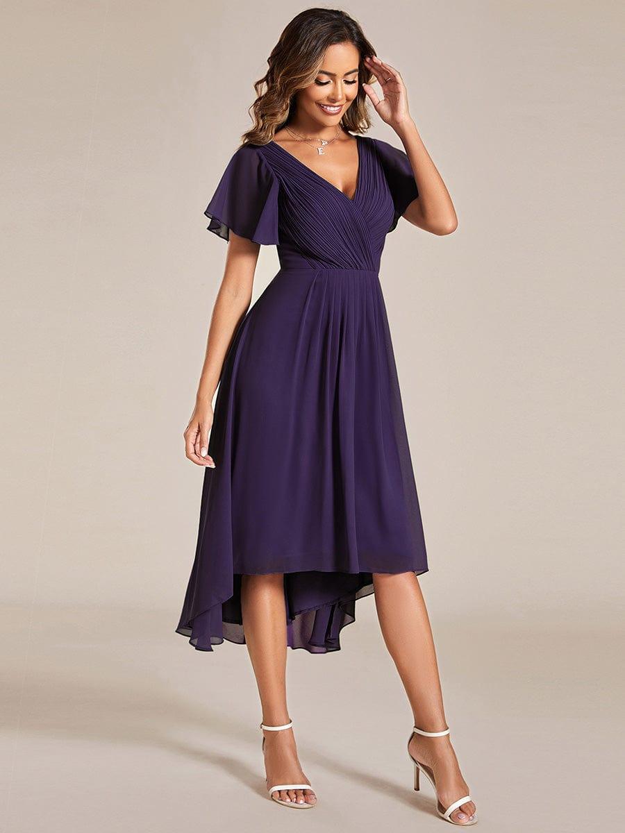 Robe de invitée de mariage en mousseline avec col en V et manches courtes 116
