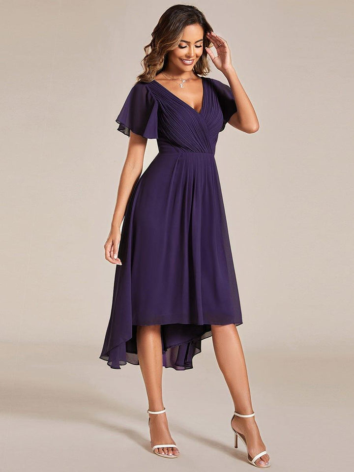 Robe de invitée de mariage en mousseline avec col en V et manches courtes 116