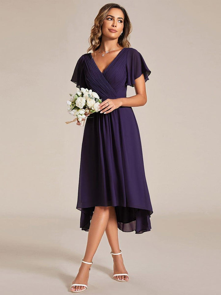 Robe de invitée de mariage en mousseline avec col en V et manches courtes 119