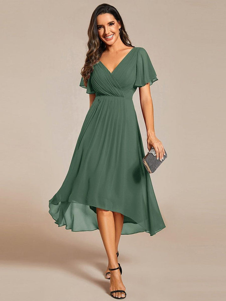 Robe de invitée de mariage en mousseline avec col en V et manches courtes 144