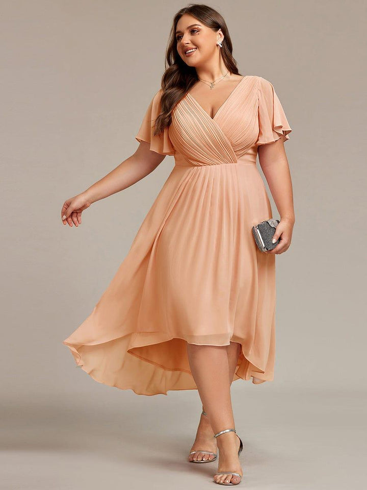 Robe de invitée de mariage en mousseline avec col en V et manches courtes 139
