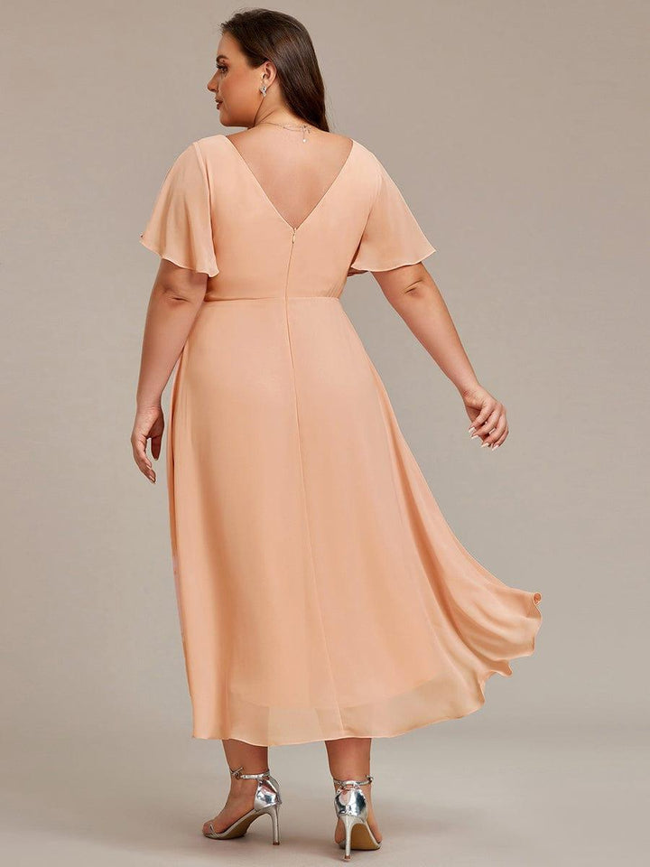 Robe de invitée de mariage en mousseline avec col en V et manches courtes 140