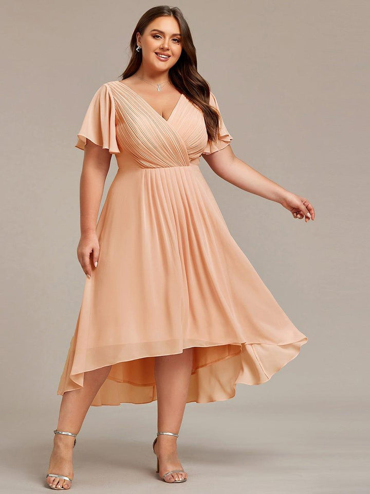Robe de invitée de mariage en mousseline avec col en V et manches courtes 142