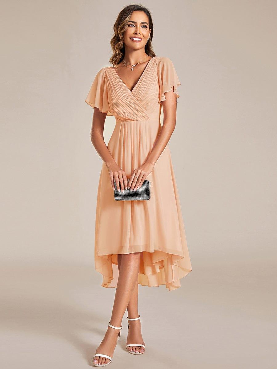 Robe de invitée de mariage en mousseline avec col en V et manches courtes 134