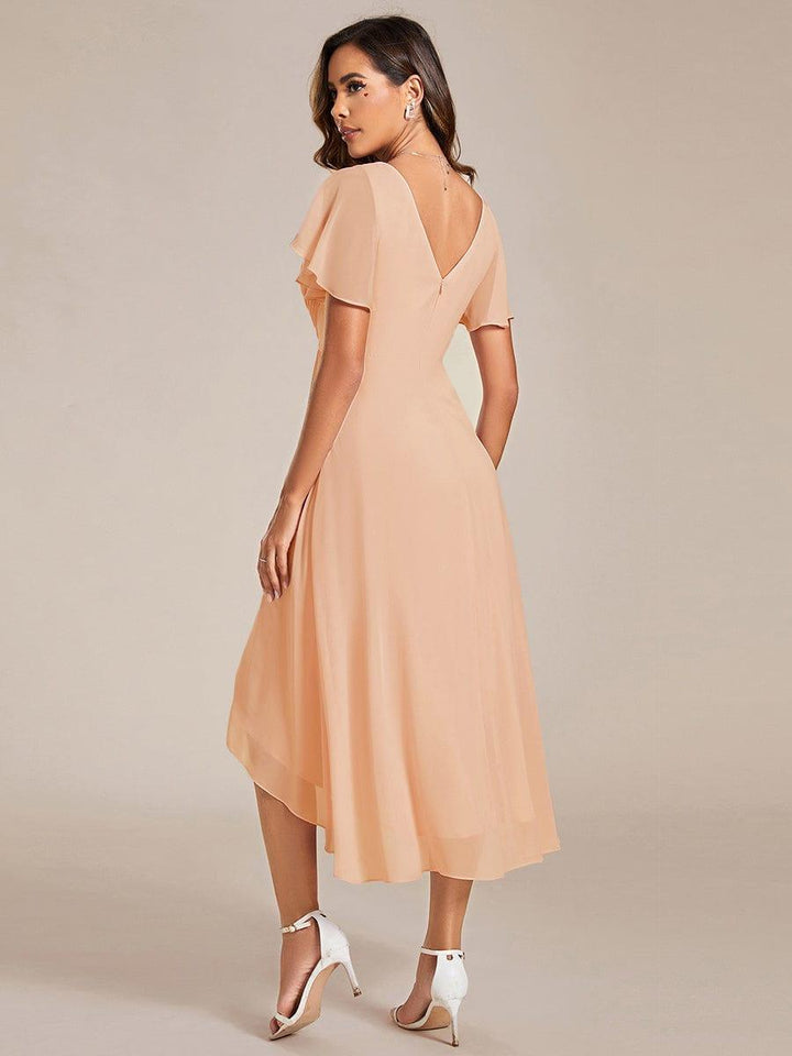 Robe de invitée de mariage en mousseline avec col en V et manches courtes 135