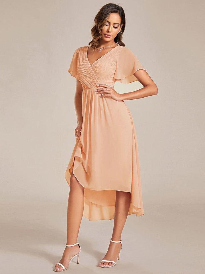 Robe de invitée de mariage en mousseline avec col en V et manches courtes 137