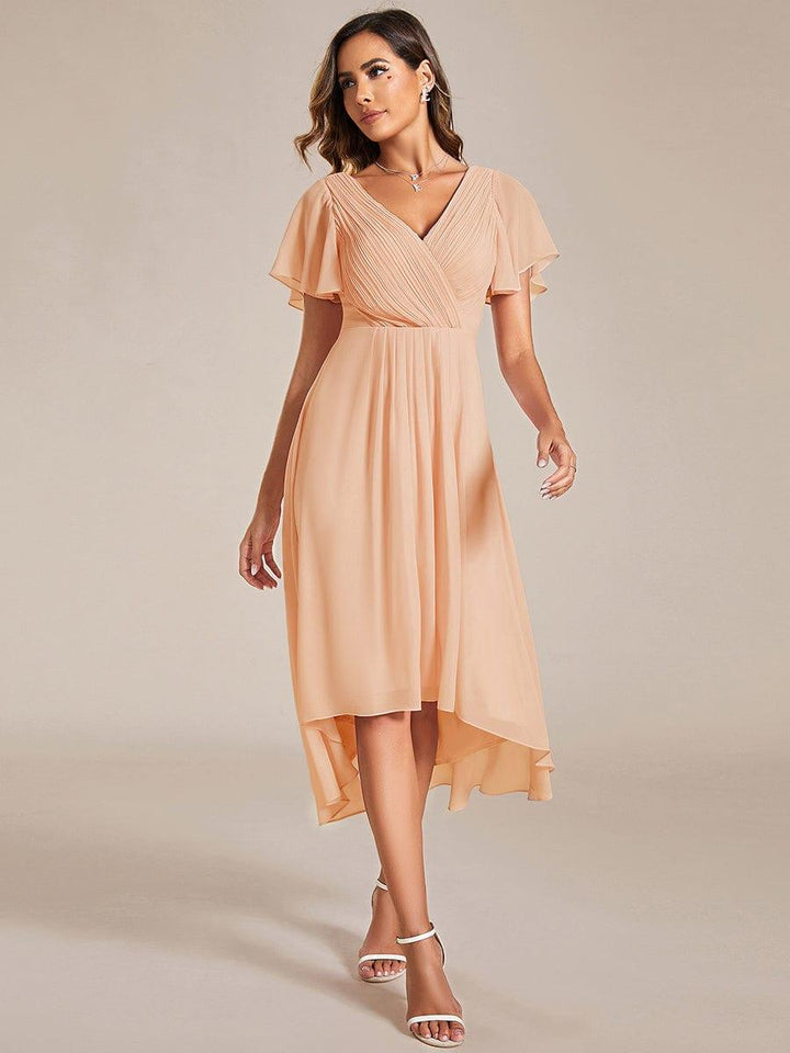 Robe de invitée de mariage en mousseline avec col en V et manches courtes 138