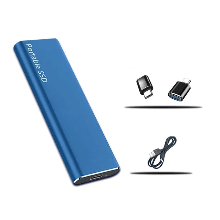 Version bleue du disque, présentée avec deux petits adaptateurs USB-C et un câble USB noir enroulé. 3