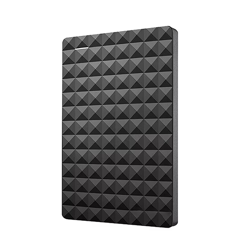 Face avant du disque dur noir à motif géométrique en relief, fin et rectangulaire, sans câble, sur fond blanc. 2