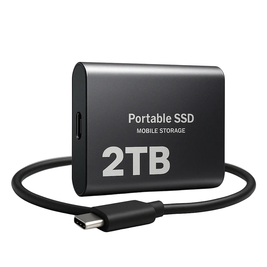 Boîtier métallique gris anthracite avec port USB-C sur le côté, posé sur fond blanc, accompagné de son câble noir enroulé devant. 1