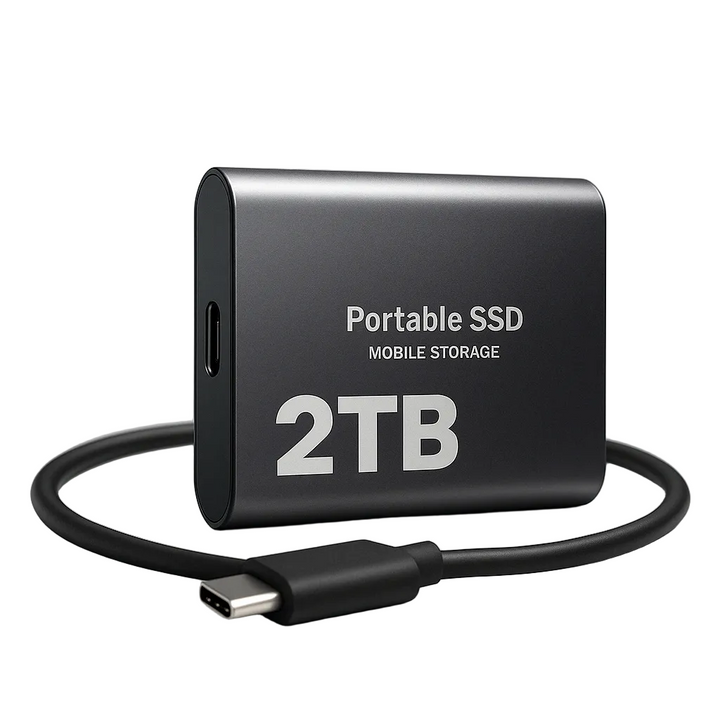 Boîtier métallique gris anthracite avec port USB-C sur le côté, posé sur fond blanc, accompagné de son câble noir enroulé devant. 1