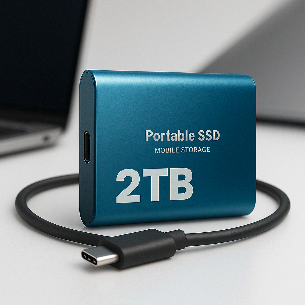 Boîtier bleu posé sur un bureau clair devant un ordinateur portable flou, avec son câble USB-C noir enroulé devant. 4