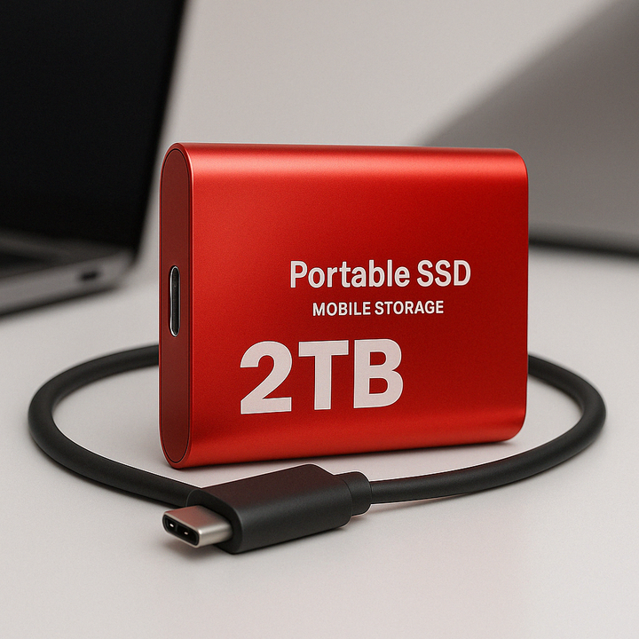 Boîtier rouge posé sur un bureau clair devant un ordinateur portable flou, avec son câble USB-C noir enroulé devant. 5