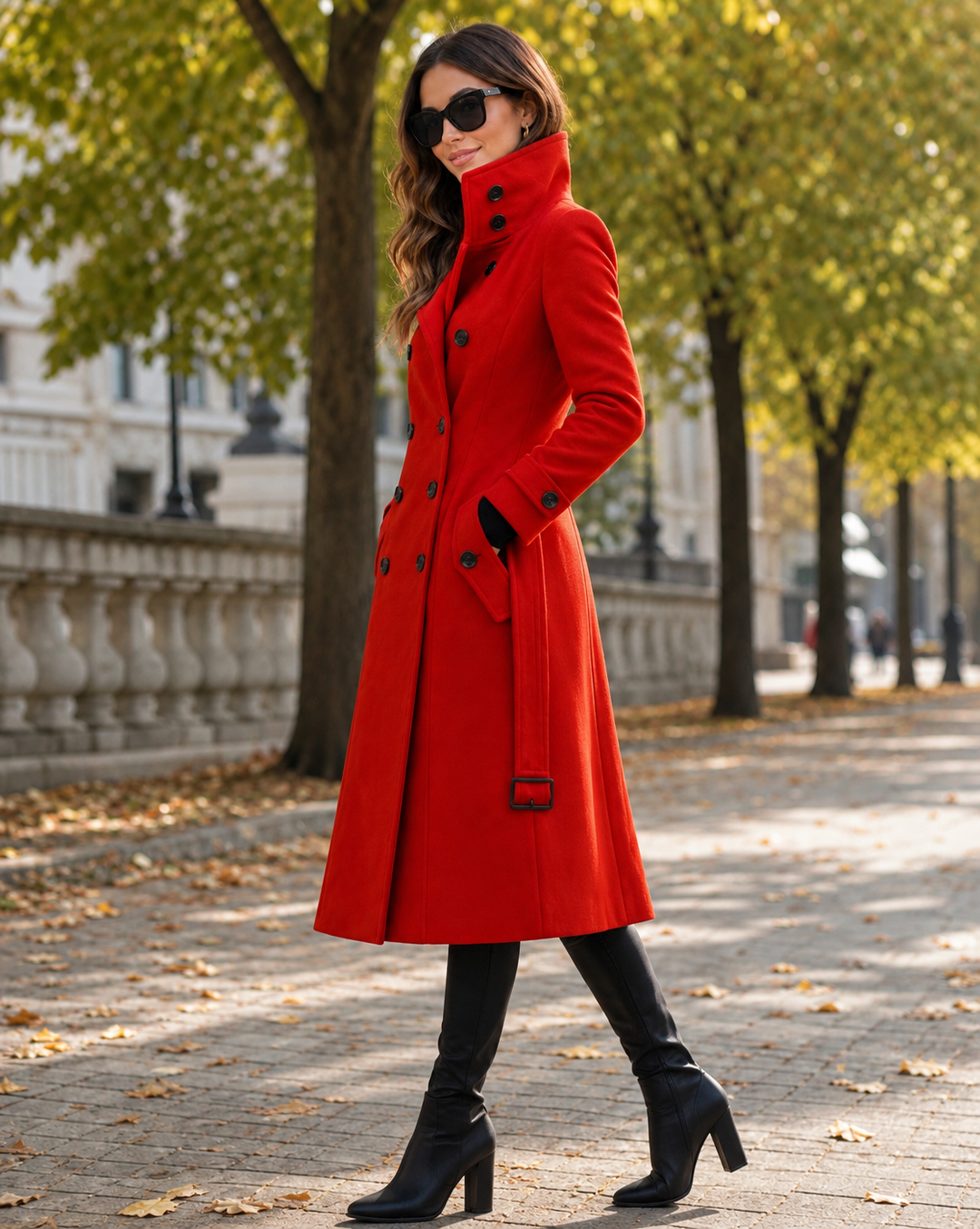 Manteau rouge croisé porté de profil, ceinture bouclée à la taille, avec bottes noires en ville 2