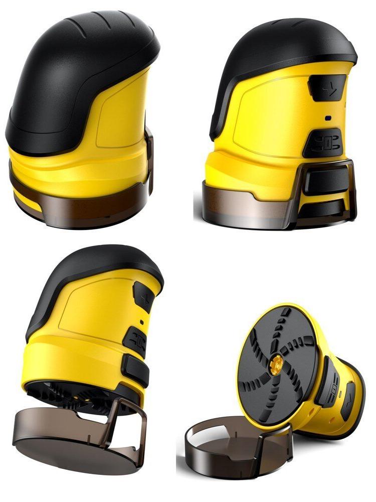 Quatre vues du gratte-glace jaune et noir, dont la face rotative et le capot de protection transparent 5