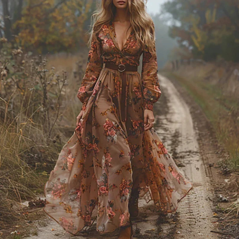 Femme portant une version à imprimé floral dans les tons marron et orangé, ceinture à boucle, sur un chemin 4