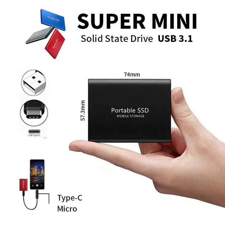 Petit disque SSD noir tenu dans une main, avec ses dimensions et les connecteurs USB et USB-C 4