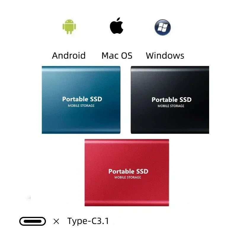 Trois disques SSD bleu, noir et rouge présentés avec les icônes de compatibilité Android, Mac et Windows 3