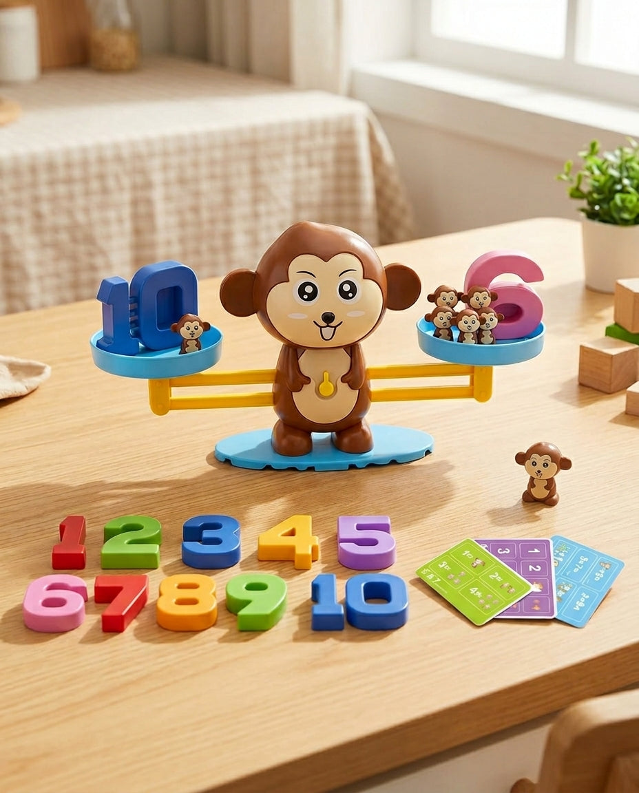 Balance singe marron avec chiffres de 1 à 10, figurines et cartes d'exercices posés sur une table 1