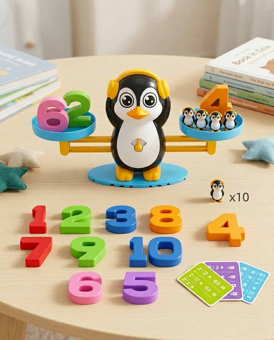 Balance pingouin à casque jaune sur une table ronde, entourée des chiffres, de dix figurines et de cartes 9