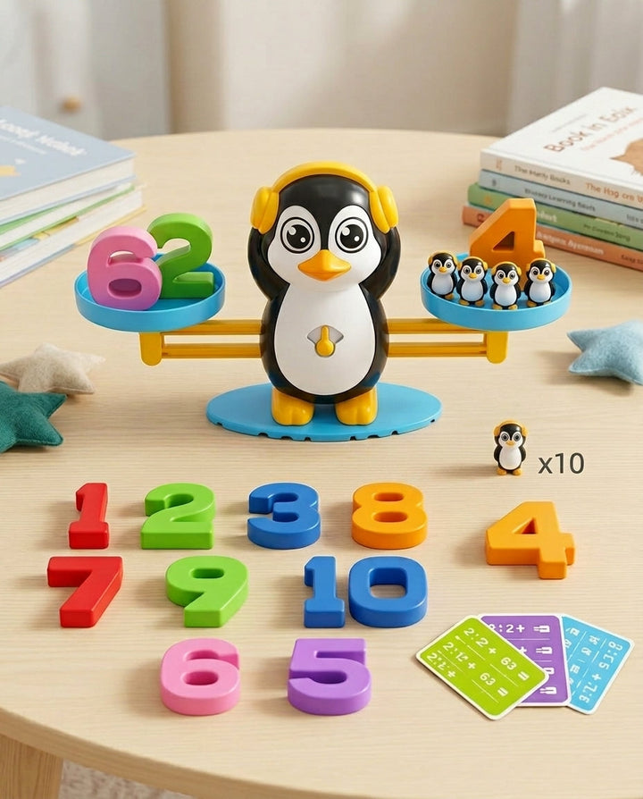 Balance pingouin à casque jaune sur une table ronde, entourée des chiffres, de dix figurines et de cartes 9