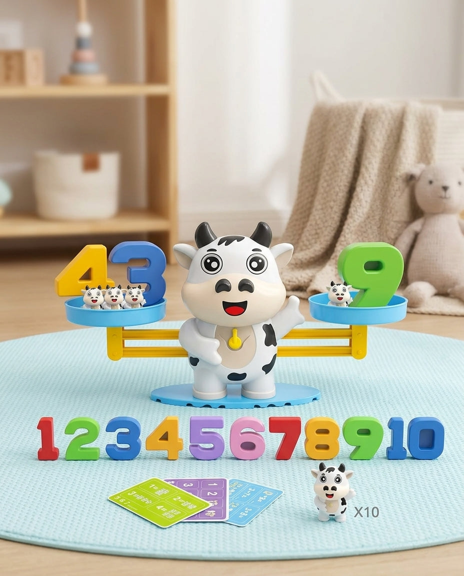 Balance vache blanche à taches noires sur un tapis bleu, avec chiffres alignés, dix figurines et cartes 11
