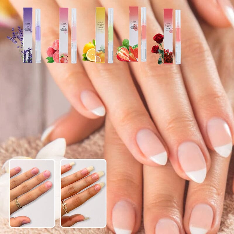 Cinq stylos parfumés avec leurs boîtes au-dessus de mains aux ongles soignés, et comparaison avant-après 2