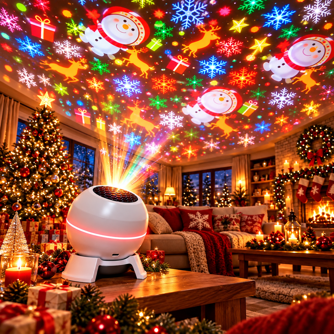 Gros plan sur le projecteur blanc à anneau lumineux rose, posé sur sa base, envoyant des rayons colorés et des motifs de fêtes au plafond. 4
