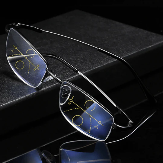 Lunettes à monture noire posées sur une surface sombre, reflets bleutés sur les verres progressifs 10
