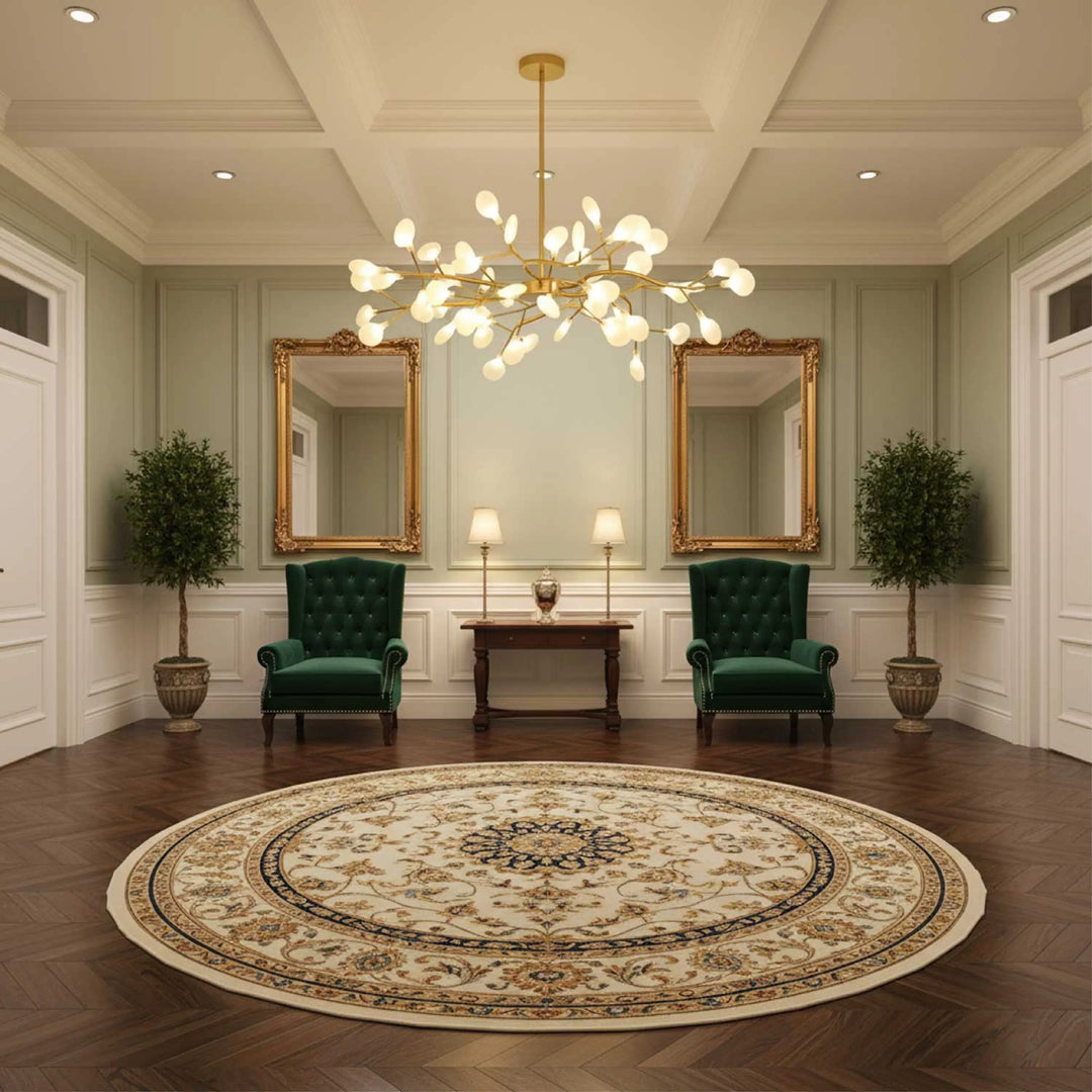 Version dorée du lustre dans un hall classique avec miroirs dorés et fauteuils verts 4