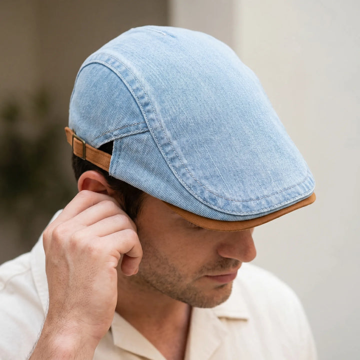 Homme en chemise claire, tête baissée, portant la casquette en denim bleu clair avec visière en suédine brune, vue de profil. 2