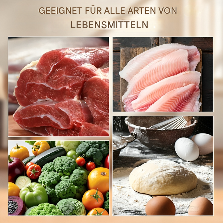 Collage de quatre aliments à façonner : viande rouge, filets de poisson, légumes frais variés et pâte farinée avec des œufs. 3