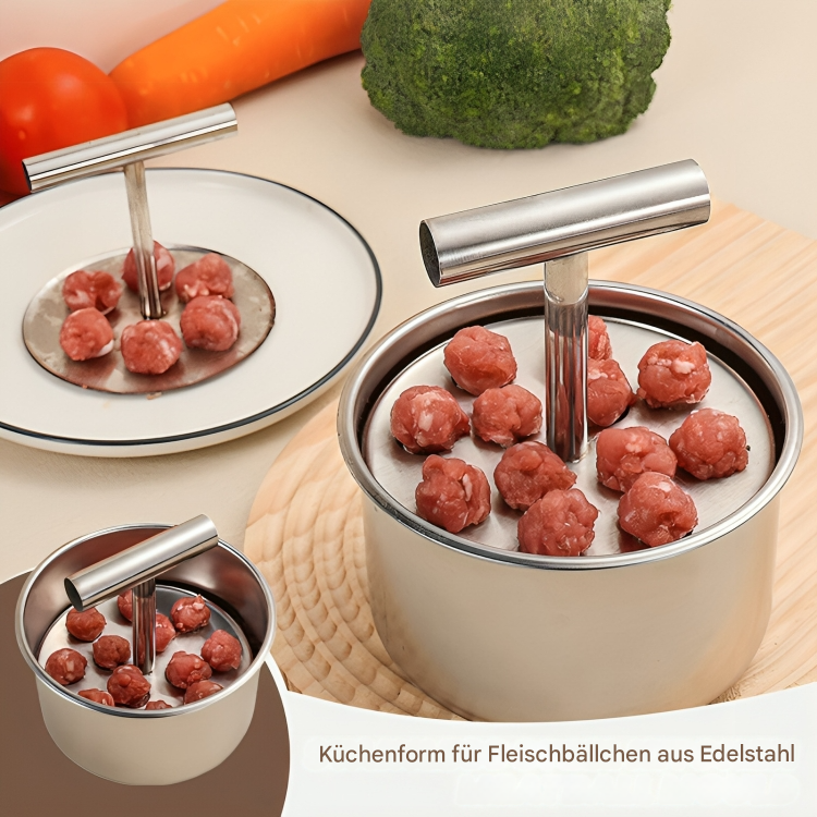 Façonneur en acier inoxydable rempli de petites boulettes de viande crue, vu sous trois angles avec une assiette et des légumes en arrière-plan. 1