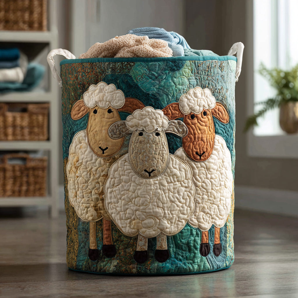Panier rond matelassé turquoise orné de trois moutons appliqués, rempli de serviettes, posé au sol près d'étagères en osier. 1